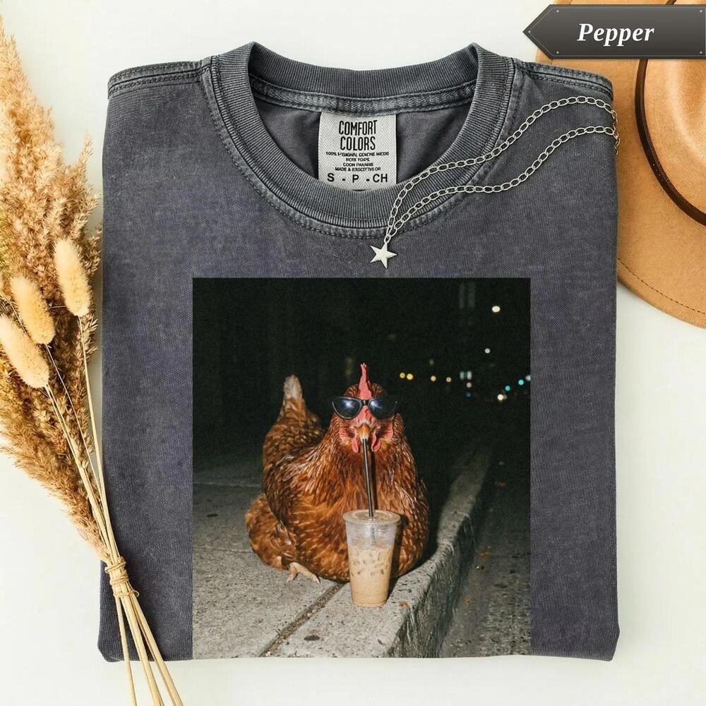 Chicken Drinking Iced Coffee Funny Animal Graphic Tee Quirky Humor Novelty